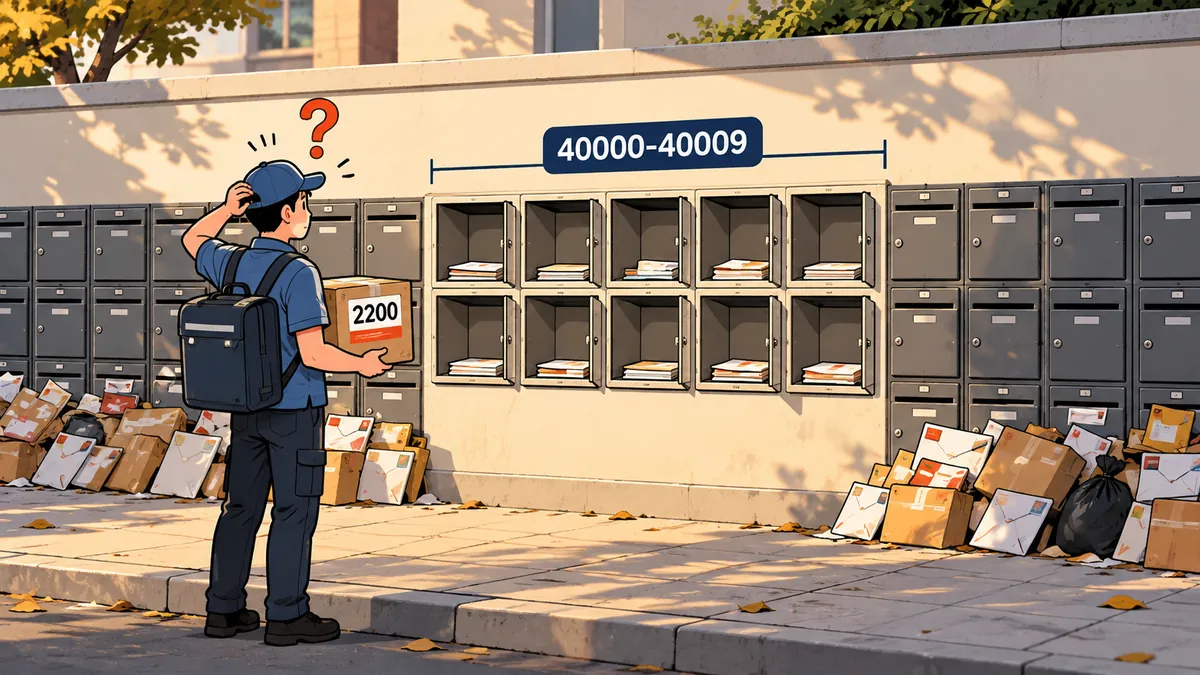 A street lined with mailboxes, with only ten numbered boxes available for use, other people's mail piled outside, and a confused delivery worker holding a parcel numbered 2200