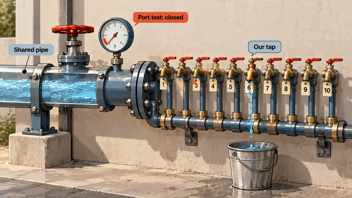 One large water pipe branching into ten small taps, with a pressure gauge labeled port test closed attached to the wrong pipe