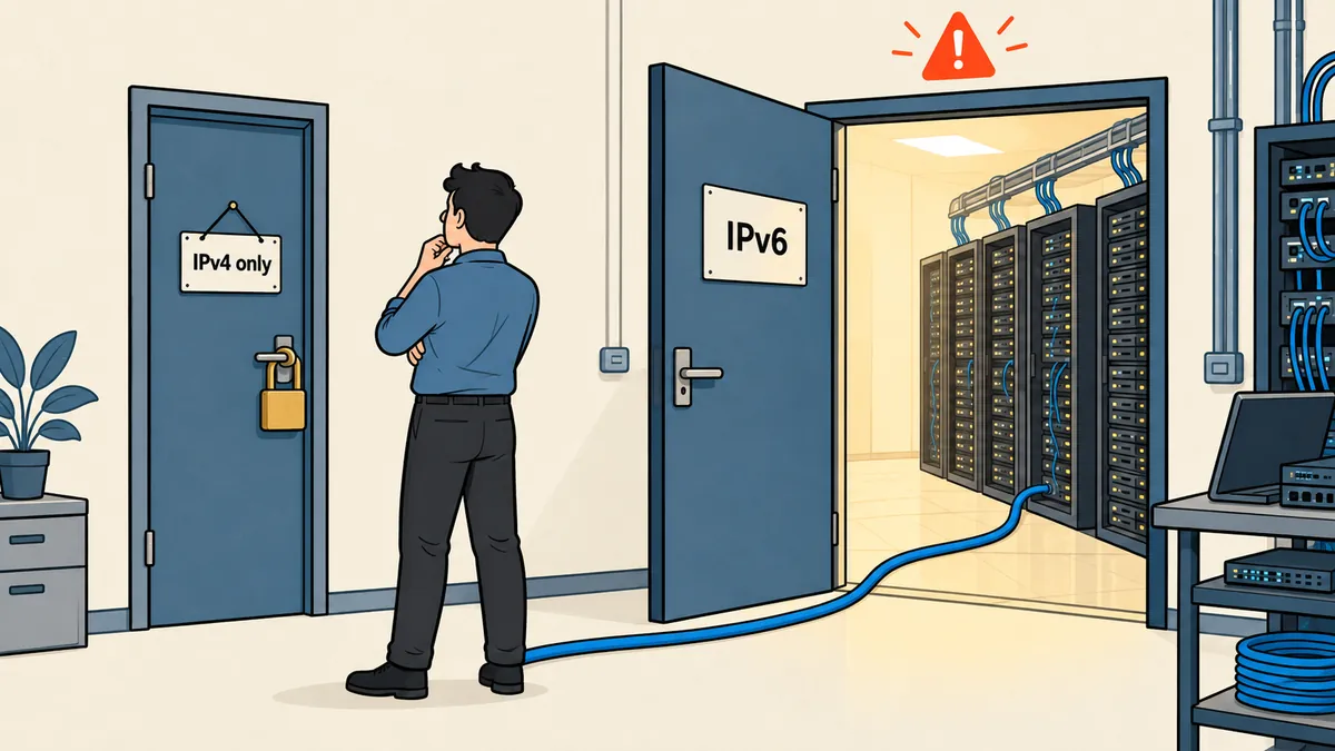แม่กุญแจทองเหลืองที่ประตูตู้แร็ก ติดป้าย IPv4 only ขณะที่ประตูบานกว้างอีกบานข้าง ๆ เปิดอยู่