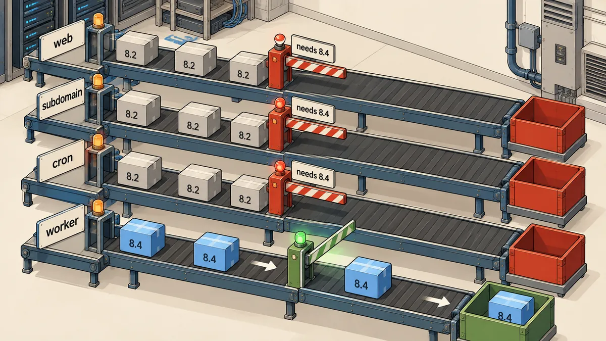 Four conveyor lanes in a server room, with red barriers blocking old-version boxes in three lanes and only one lane allowing new-version boxes through