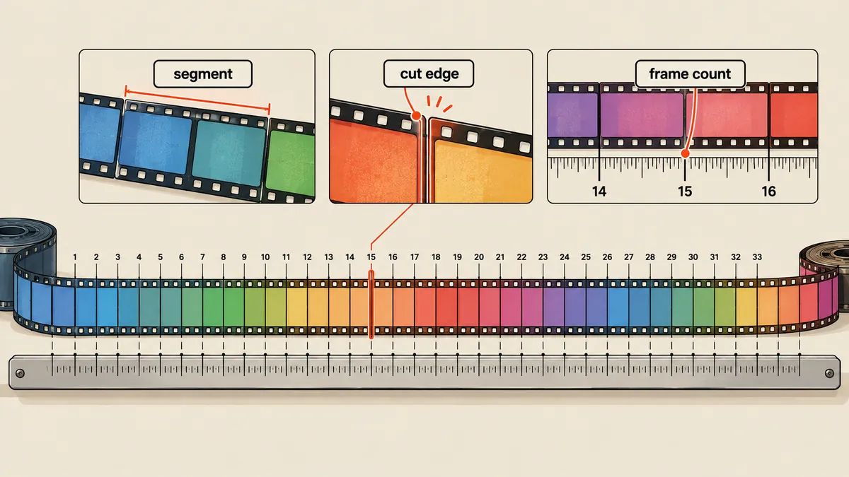 A long filmstrip cut into 33 colored clips, with frame numbers at the cuts and a ruler underneath
