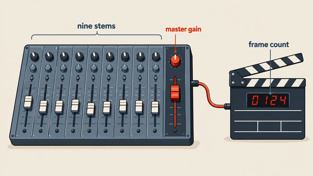 A nine-channel audio mixing panel with a single master fader, beside a slate showing the total frame count