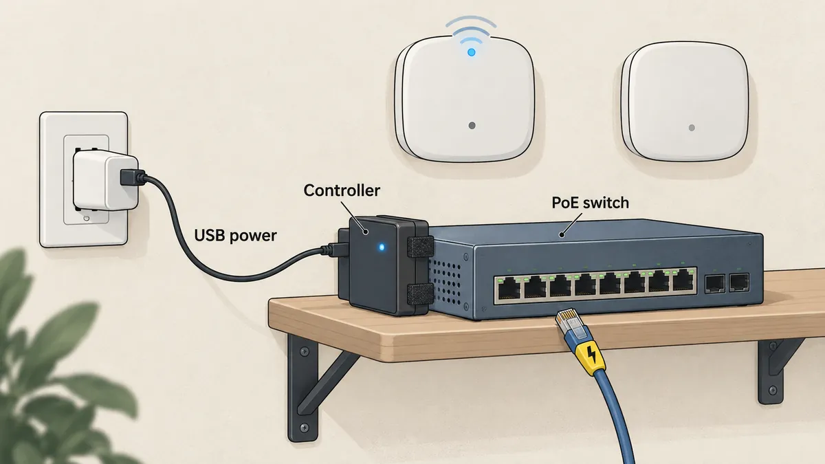 สวิตช์ PoE ที่มีกล่อง controller เล็ก ๆ ติดข้างตัว จ่ายไฟด้วยสาย USB ส่วนสาย PoE ห้อยหลุดอยู่ แสดงว่า controller ไม่ดับตามสวิตช์