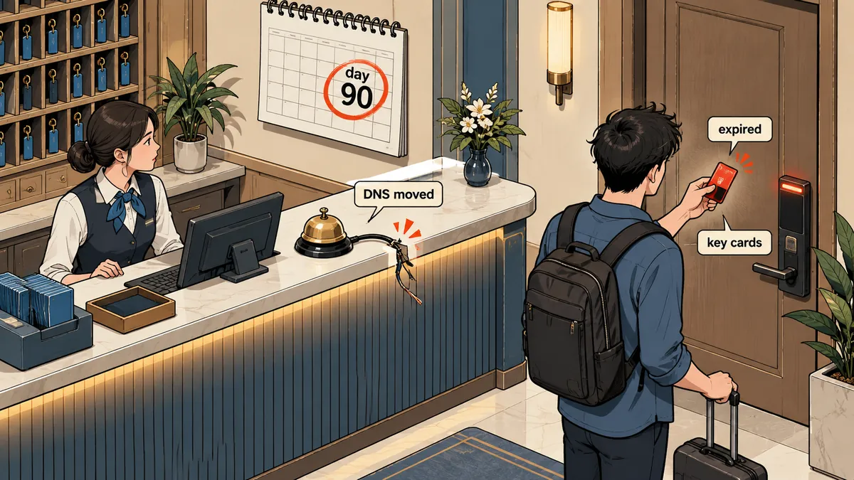 A hotel reception desk where the keycard machine has a renewal alarm bell, but the bell's wire has been cut; a guest stands at the door holding a red expired card