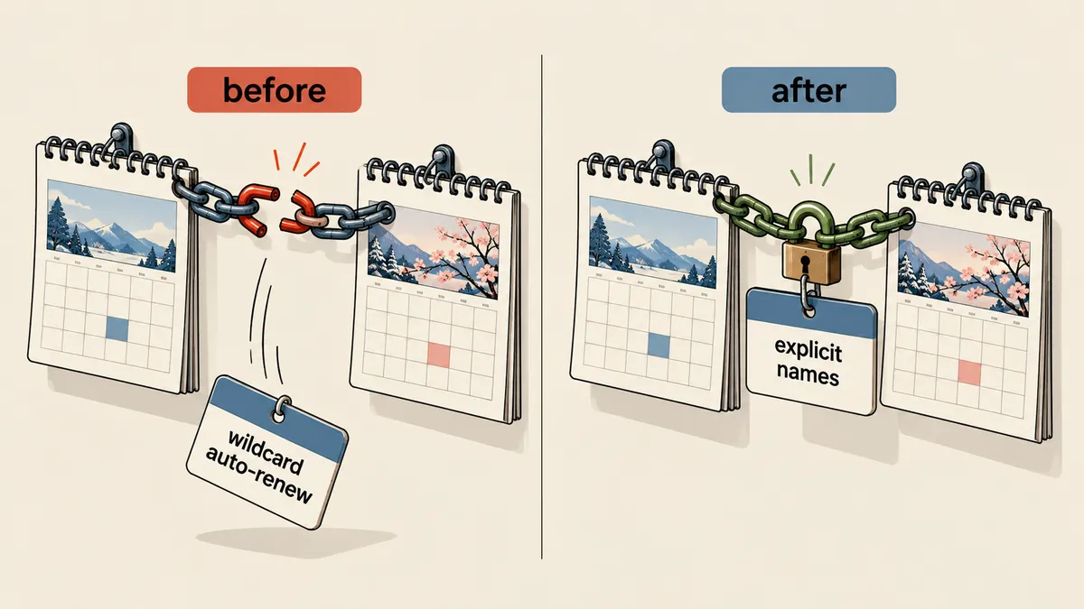 Before and after: on the left, a calendar with a broken renewal chain; on the right, a calendar with an intact chain and a label indicating issuance with explicit names