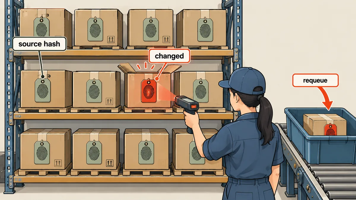 A shelf of numbered parcels, each with a fingerprint label, with one box marked red because its contents changed after packing