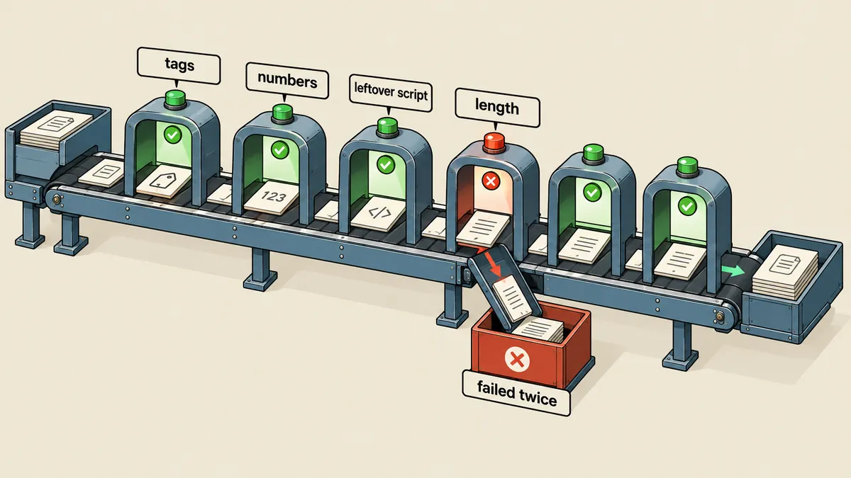 A conveyor belt passing through seven small checkpoints, with a bin beside it for items that have failed twice