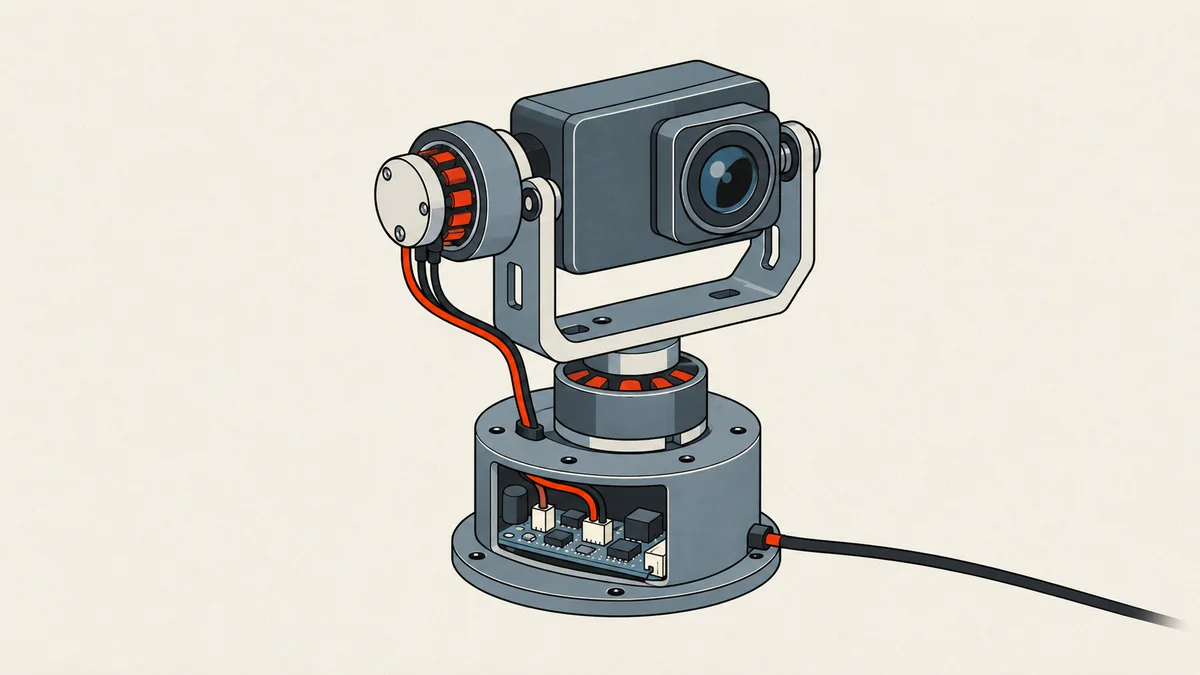 Camera on two brushless axes: the lower axis pans left and right, the side axis tilts up and down, and the motor cables meet at the board in the base